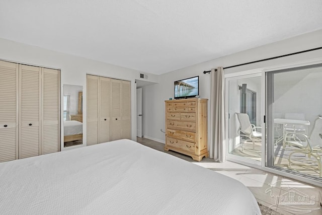 bedroom with access to outside and two closets