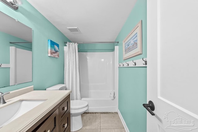 full bathroom with vanity, shower / bath combination with curtain, and toilet