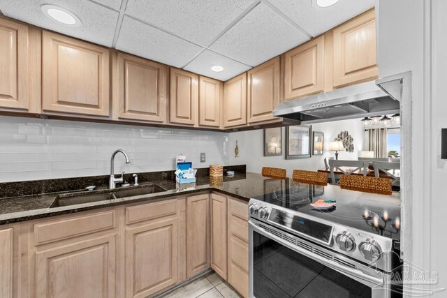 kitchen featuring wall chimney range hood, sink, dark stone countertops, tasteful backsplash, and stainless steel electric range oven