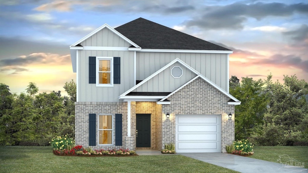 traditional-style house featuring concrete driveway, a front lawn, board and batten siding, and brick siding