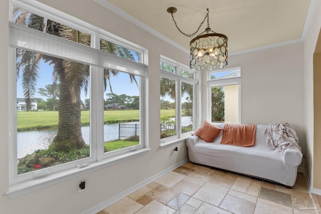 1124 Willowood Cir, Gulf Breeze, FL 32563 - sunroom / solarium with baseboards, ornamental molding, a chandelier, a water view, and stone tile floors
