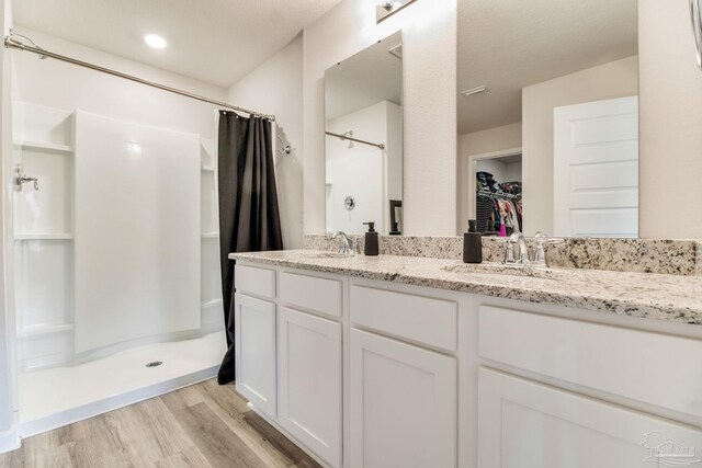 10885 Blacktail Loop, Pensacola, FL 32526 - bathroom featuring a shower with shower curtain, wood finished floors, double vanity, and a spacious closet