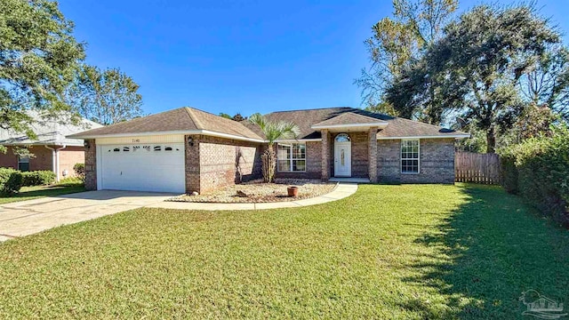 ranch-style home with a front lawn and a garage