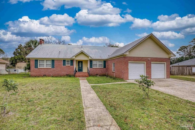 ranch-style home with a garage and a front yard