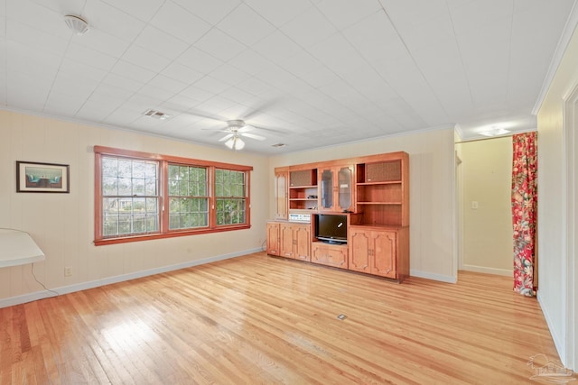 3570 Firestone Blvd, Pensacola, FL 32503 - unfurnished living room with crown molding, baseboards, light wood finished floors, visible vents, and a ceiling fan