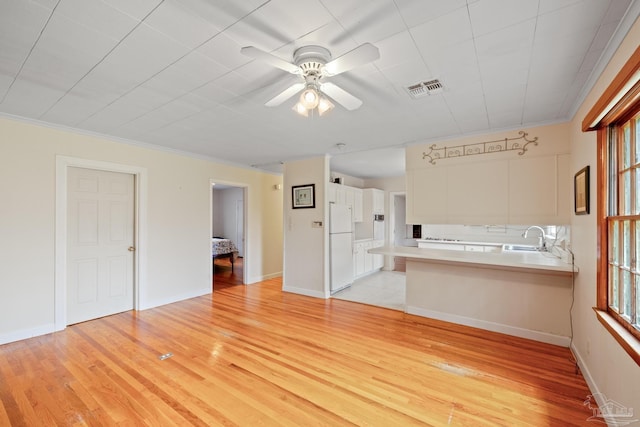 3570 Firestone Blvd, Pensacola, FL 32503 - unfurnished living room with visible vents, crown molding, light wood finished floors, a ceiling fan, and a sink