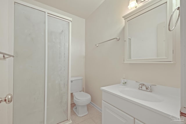 3570 Firestone Blvd, Pensacola, FL 32503 - bathroom with baseboards, toilet, vanity, a stall shower, and tile patterned flooring