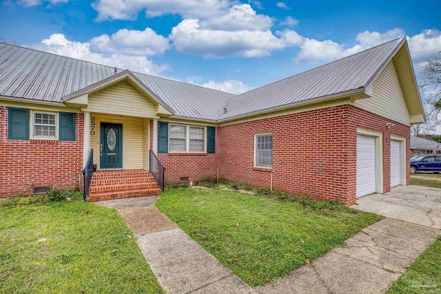 3570 Firestone Blvd, Pensacola, FL 32503 - single story home featuring metal roof, crawl space, a front yard, brick siding, and a garage