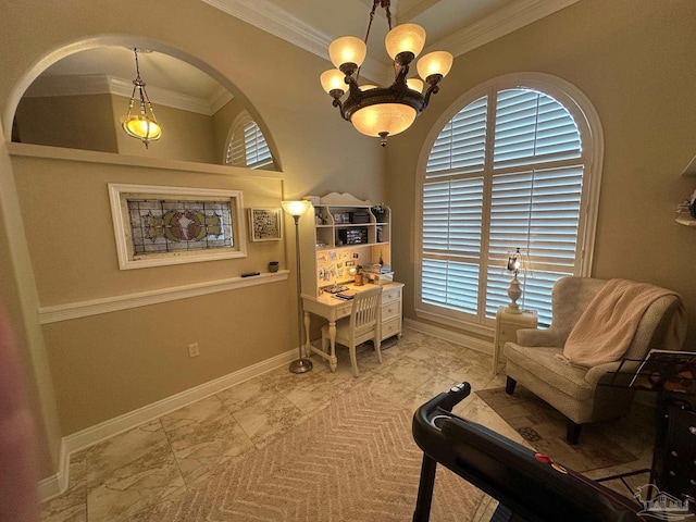 1988 Heritage Park Way, Navarre, FL 32566 - sitting room featuring ornamental molding, baseboards, a desk, and a chandelier