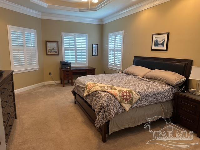 1988 Heritage Park Way, Navarre, FL 32566 - bedroom featuring crown molding, a raised ceiling, carpet, and baseboards