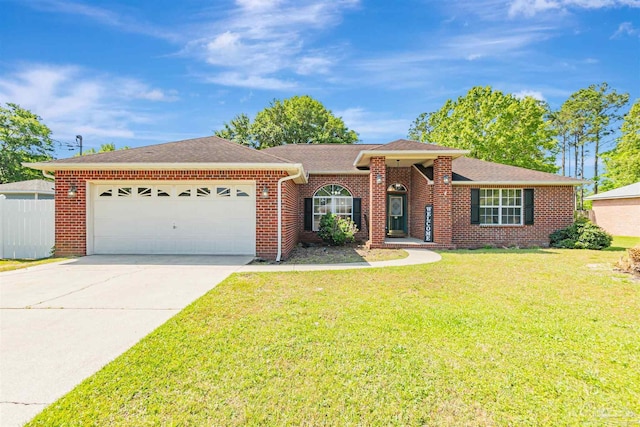 ranch-style house with an attached garage, driveway, brick siding, roof with shingles, and a front yard