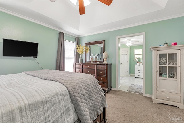 bedroom with multiple windows, ornamental molding, baseboards, and light carpet