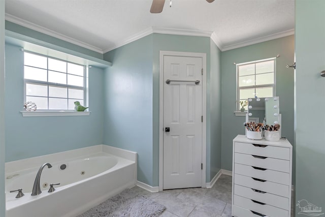 full bathroom featuring a ceiling fan, a tub with jets, crown molding, and plenty of natural light