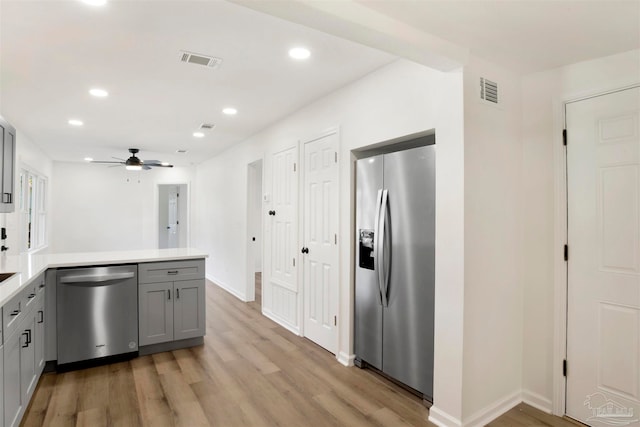 kitchen featuring light hardwood / wood-style flooring, ceiling fan, gray cabinets, appliances with stainless steel finishes, and kitchen peninsula