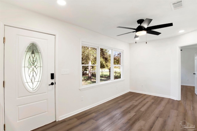 foyer featuring dark hardwood / wood-style floors and ceiling fan