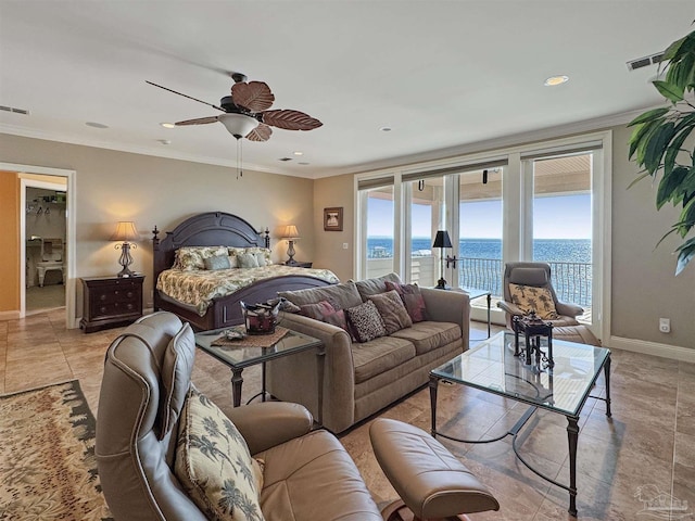 bedroom featuring a water view, access to exterior, baseboards, and crown molding