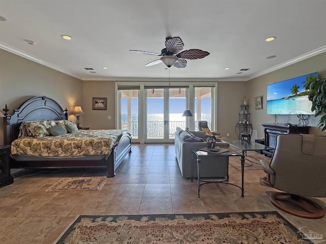 tiled bedroom featuring access to exterior, recessed lighting, french doors, and crown molding