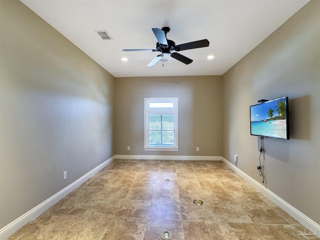 unfurnished room with baseboards, visible vents, a ceiling fan, and recessed lighting