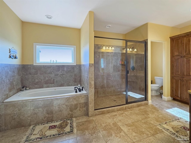 full bath with tile patterned floors, a shower stall, toilet, and a bath