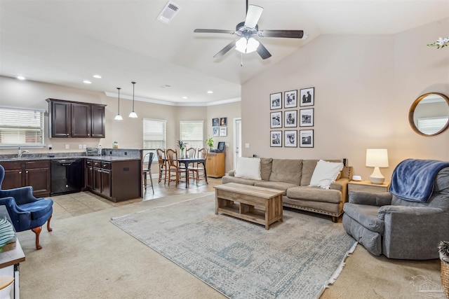 living room with light tile patterned floors, visible vents, recessed lighting, and lofted ceiling