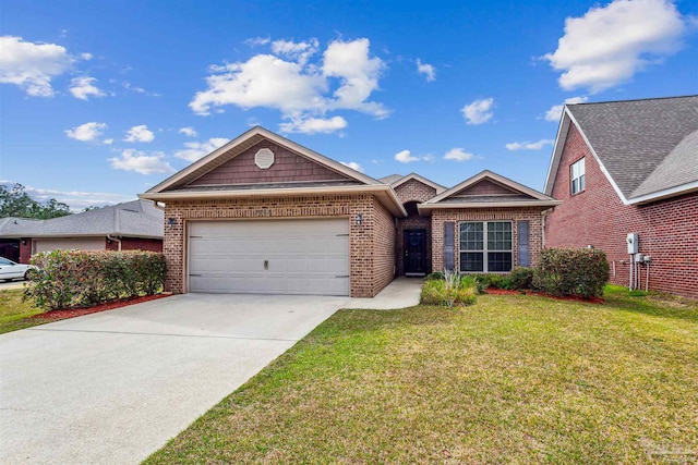 ranch-style house featuring a front lawn, brick siding, concrete driveway, and an attached garage