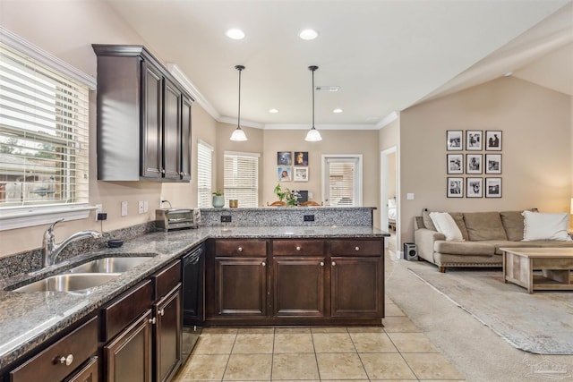 kitchen featuring a sink, dark brown cabinetry, a peninsula, and ornamental molding