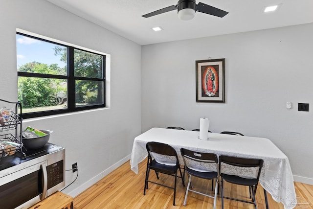 dining area featuring light hardwood / wood-style flooring and ceiling fan