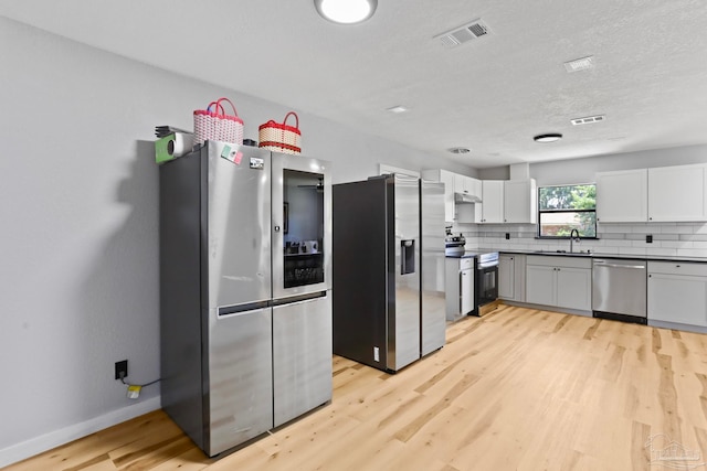 kitchen with sink, light hardwood / wood-style flooring, decorative backsplash, and stainless steel appliances