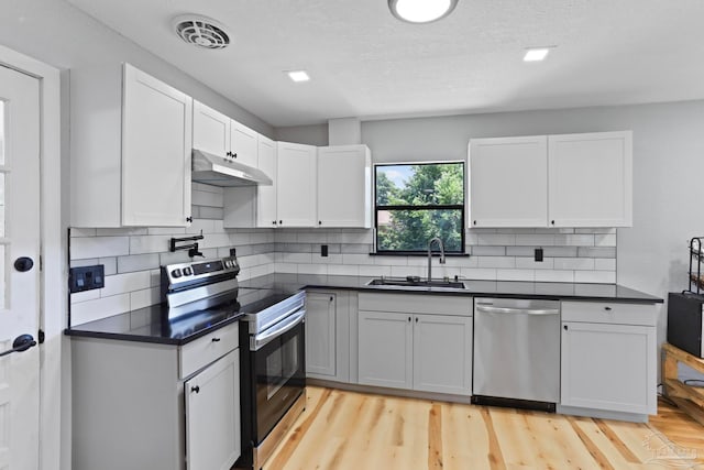 kitchen featuring range with electric cooktop, white cabinets, sink, light hardwood / wood-style floors, and dishwasher