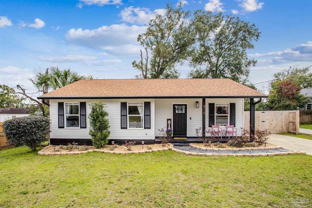 single story home featuring a porch, a front yard, and fence