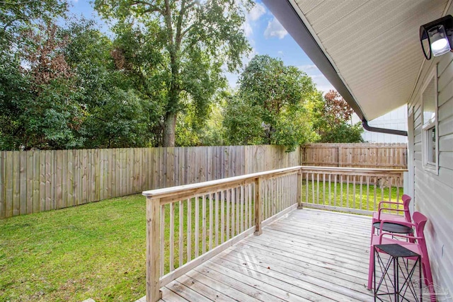 deck featuring a fenced backyard and a lawn