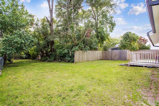 view of yard with a fenced backyard and a wooden deck