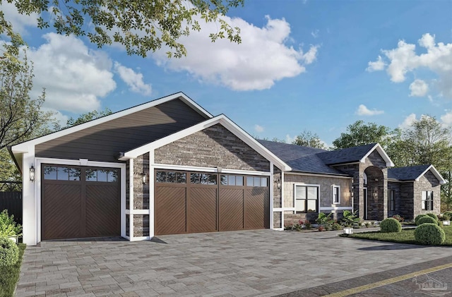 view of front of property featuring an attached garage, stone siding, and decorative driveway