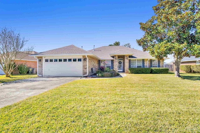 single story home with a garage and a front yard