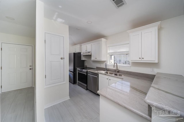 kitchen with visible vents, a sink, under cabinet range hood, appliances with stainless steel finishes, and white cabinets