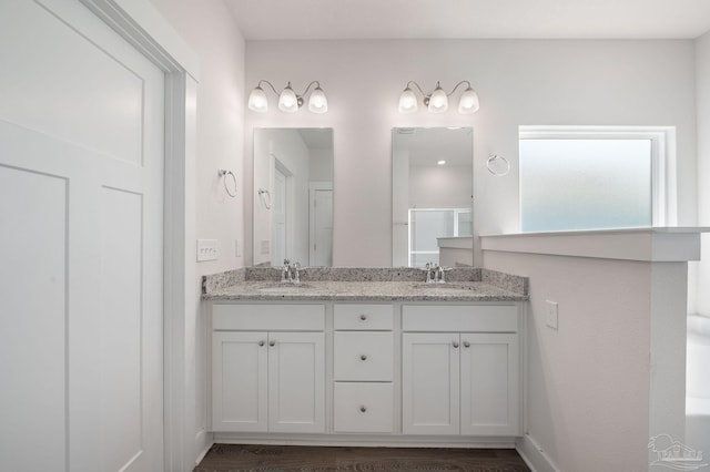 bathroom featuring hardwood / wood-style flooring and vanity