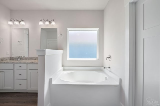 bathroom featuring hardwood / wood-style flooring, vanity, and a bath