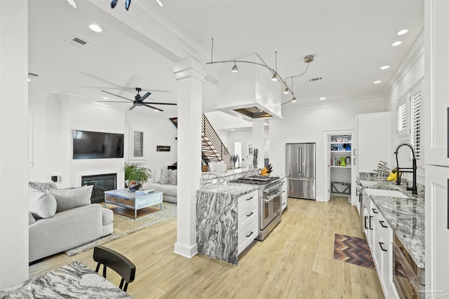 kitchen with light hardwood / wood-style flooring, white cabinetry, light stone counters, premium appliances, and ornamental molding