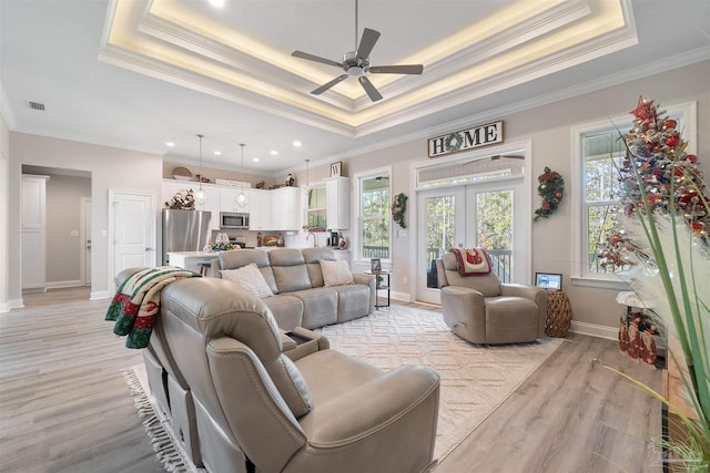 living room with a tray ceiling and ornamental molding