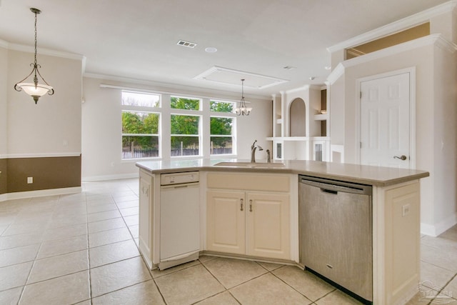 kitchen with sink, crown molding, a center island with sink, stainless steel dishwasher, and white dishwasher