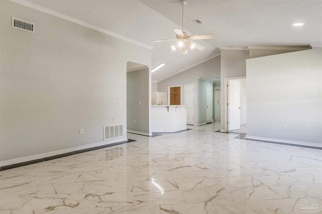 unfurnished room with crown molding, high vaulted ceiling, a textured ceiling, and ceiling fan