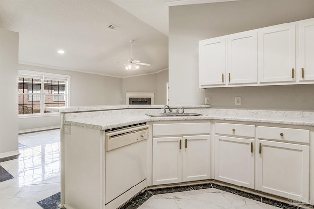 kitchen featuring kitchen peninsula, ornamental molding, sink, dishwasher, and white cabinetry