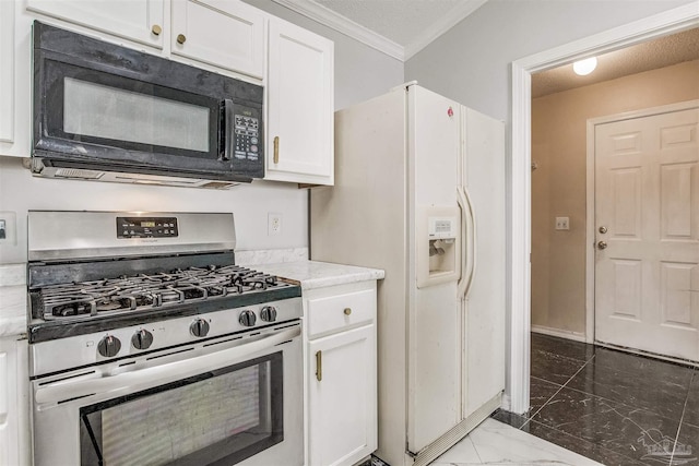 kitchen featuring white refrigerator with ice dispenser, white cabinetry, and stainless steel range with gas cooktop