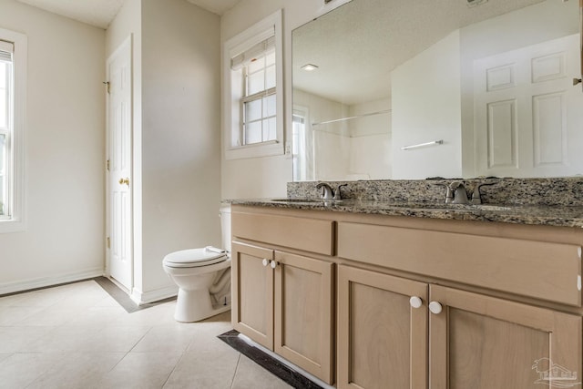 bathroom featuring walk in shower, tile patterned floors, a textured ceiling, toilet, and vanity