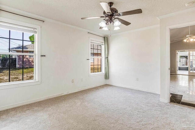 carpeted empty room featuring a textured ceiling, crown molding, and a healthy amount of sunlight