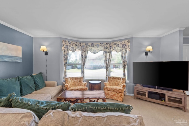 carpeted living room with ornamental molding and baseboards