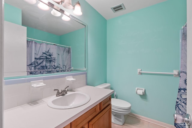 full bath featuring visible vents, toilet, tile patterned flooring, vanity, and backsplash