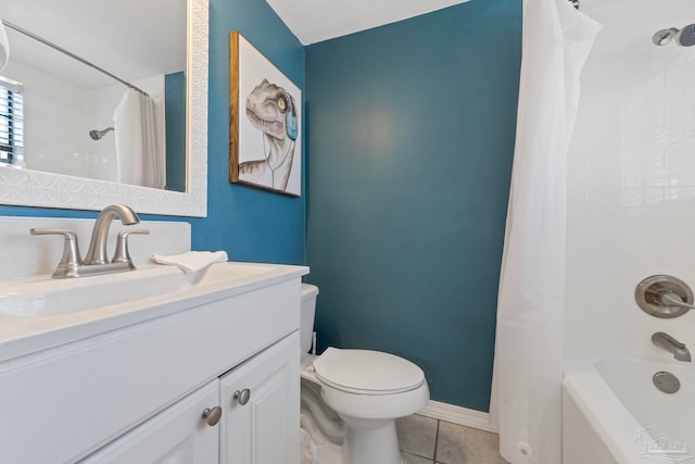 full bathroom with shower / bath combo, tile patterned flooring, vanity, and toilet