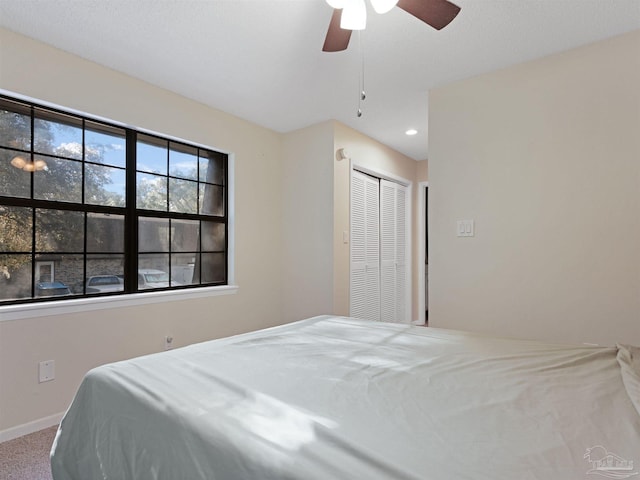 2701 E De Soto St, Pensacola, FL 32503 - bedroom featuring a closet, baseboards, ceiling fan, carpet flooring, and recessed lighting