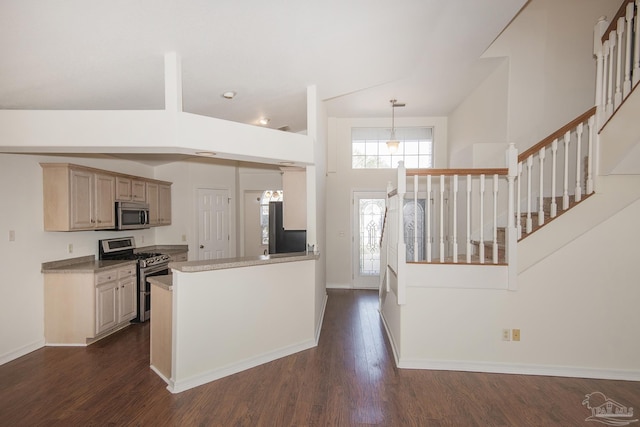 kitchen with stainless steel appliances, a high ceiling, dark hardwood / wood-style floors, and kitchen peninsula